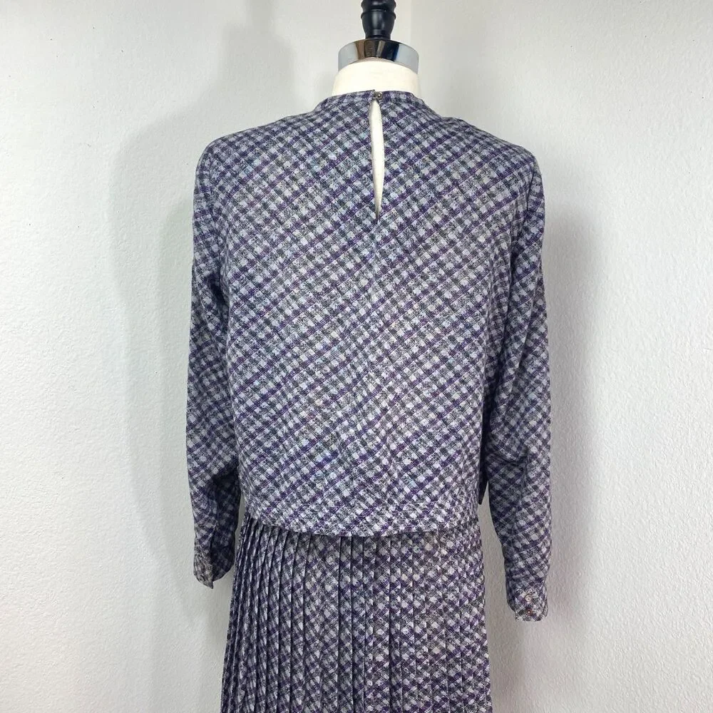Vintage 80s Two-Piece Skirt & Blouse Med 8 Julie Miller Purple Plaid Lightweight